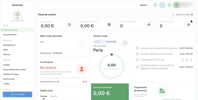 Control panel of a new Etna Wellness account showing wallet balances, current rank and activation status